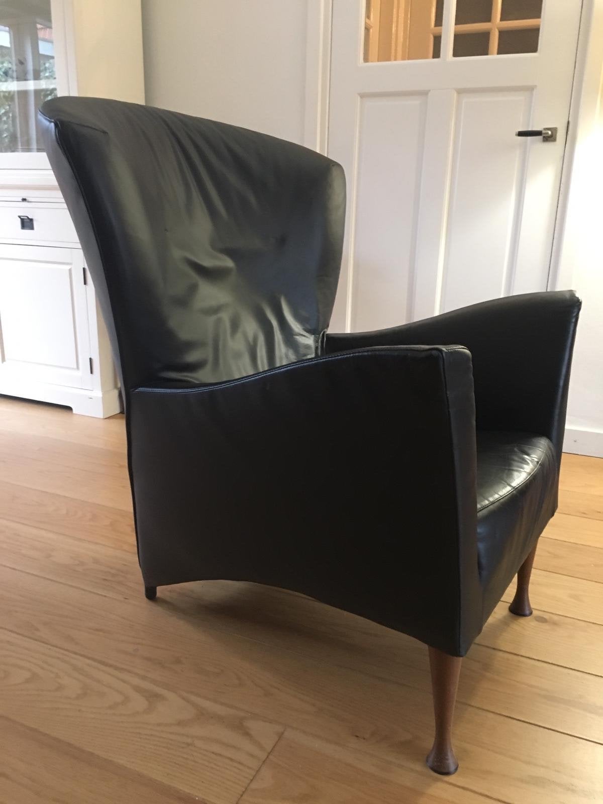 Montis Castor stoel, zwart leer inclusief hocker, Huis en Inrichting, Fauteuils, Ophalen, Gebruikt, Leer, 75 tot 100 cm
