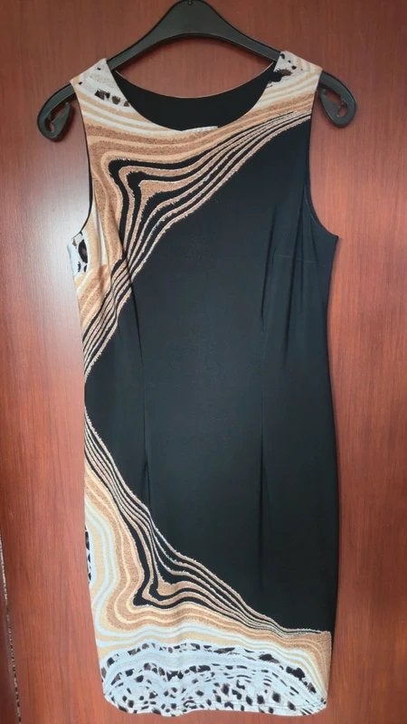 Ribkoff slanke jurk zwart met naturel kleuren accenten 42, Maat 42/44 (L), Zo goed als nieuw, Onder de knie, Meerkleurig