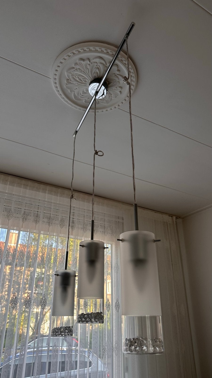 2x Moderne Hanglampenset met Matglas en Kristalsteentjes, Huis en Inrichting, Ophalen, Zo goed als nieuw, Glas, Overige fittingen