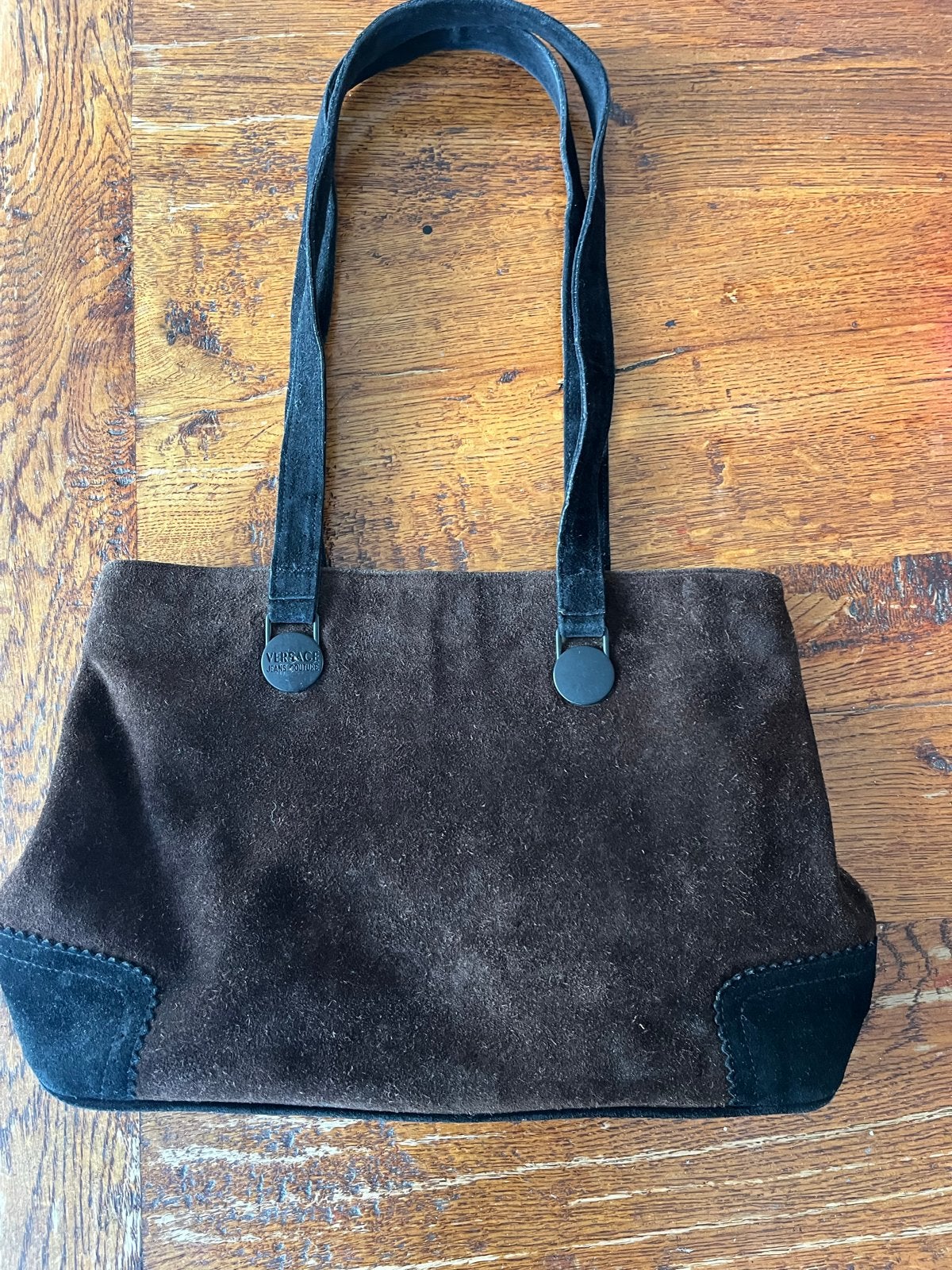 Versace Jeans Couture suède schoudertas bruin, Ophalen of Verzenden, Gebruikt, Bruin, Handtas