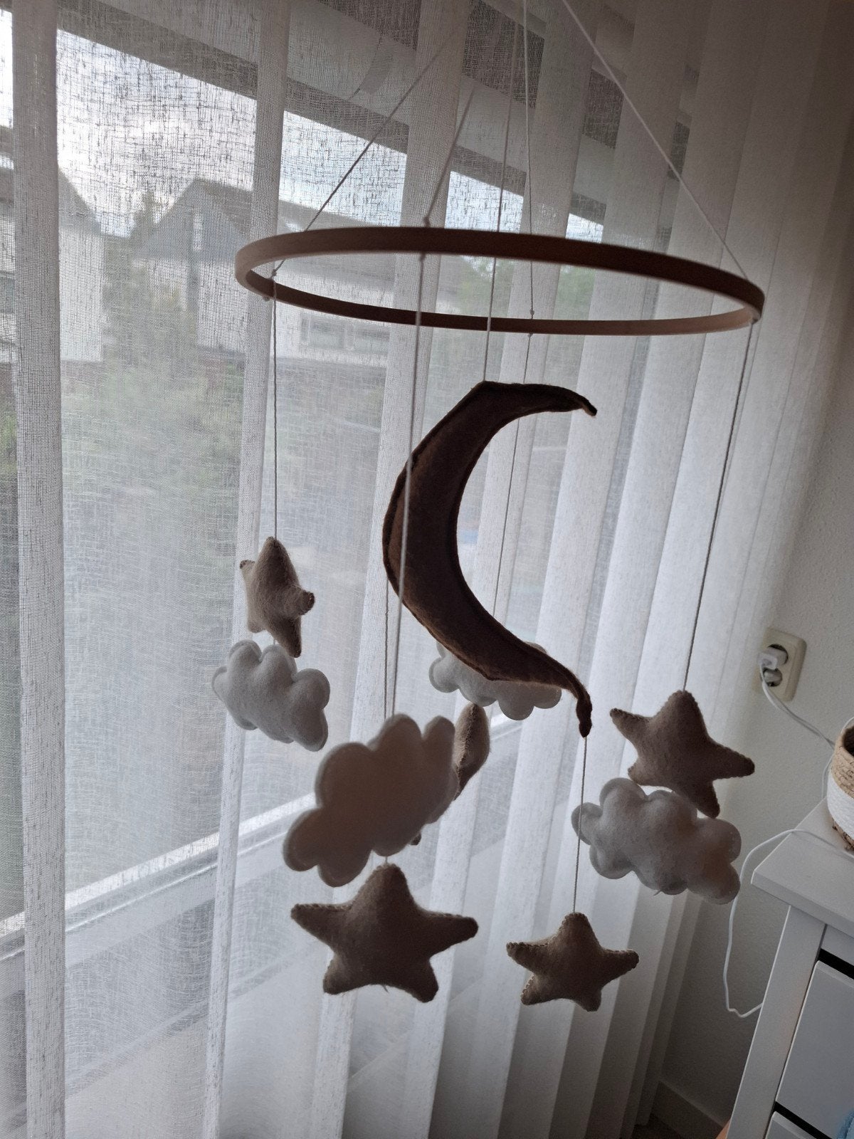Maan en sterren mobiel voor babykamer, Beige, Overige merken, Handgemaakt, Ophalen of Verzenden