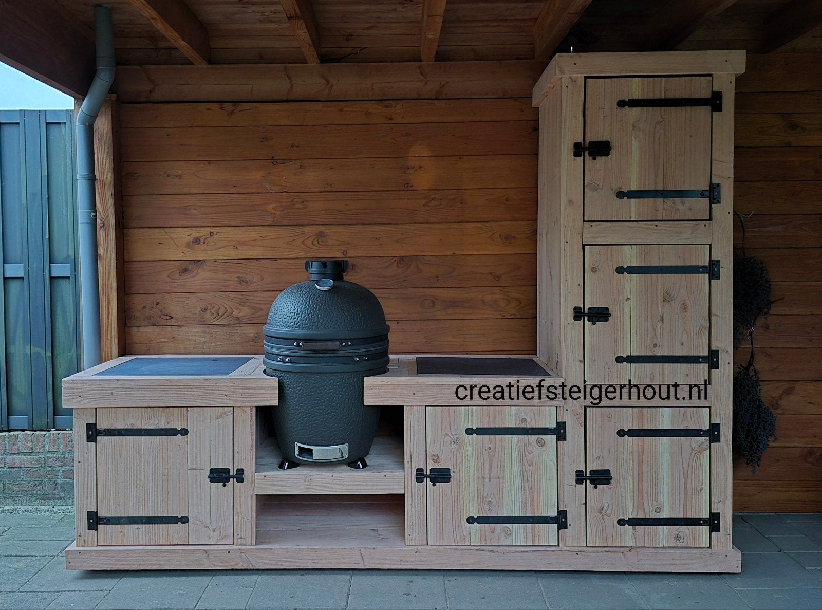 Douglas houten buitenkeuken hoge kast kamado bbq koelkast, Tuin en Terras, Buitenkeukens, Verzenden, Nieuw, Houtskool, Vrijstaand