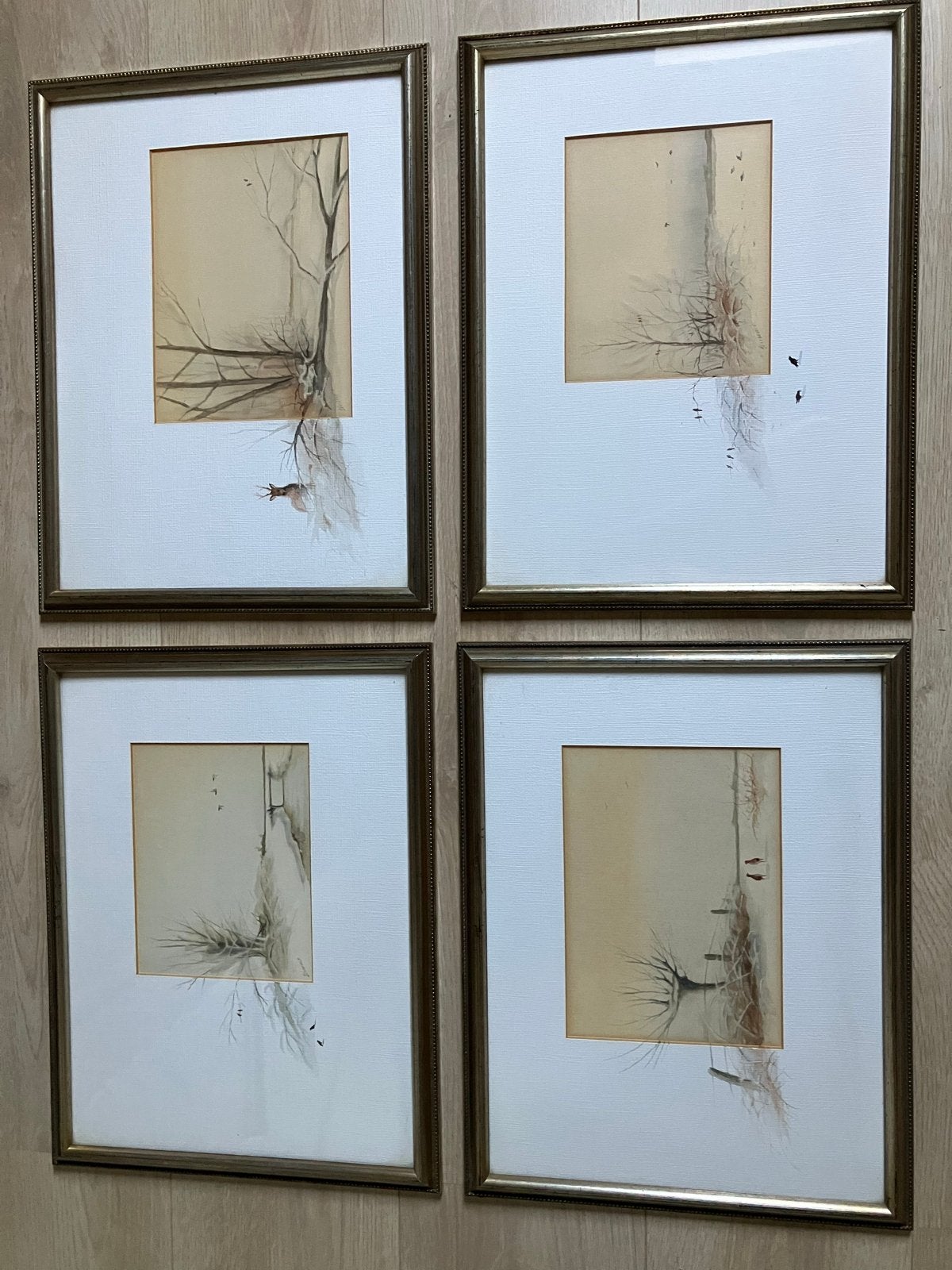 Aquarellen van 4 jaargetijden met natuurtaferelen., Ophalen, Tekening, Gemengde techniek, Achter glas