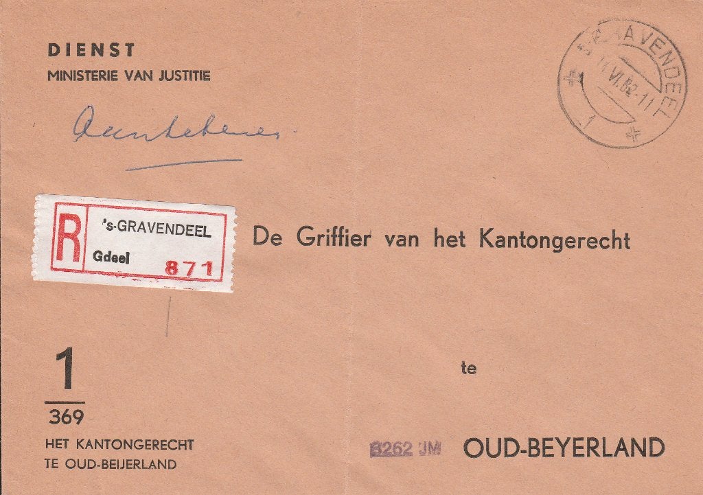 OUD-BEIJERLAND 1982 HET KANTONGERECHT aangetekend, Ophalen of Verzenden, 1980 tot heden, Gelopen, Zuid-Holland