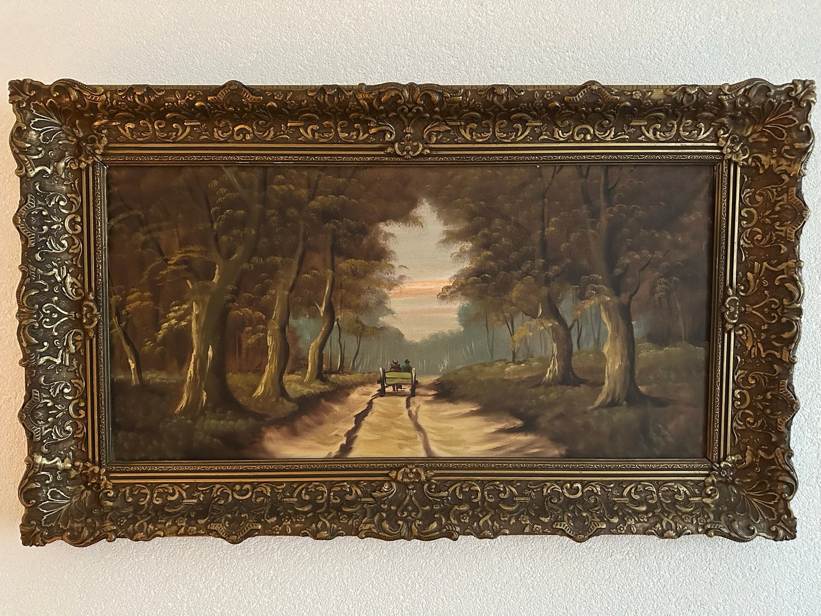 Klassiek olieverfschilderij: Bospad met koets, Antiek en Kunst, Kunst | Schilderijen | Klassiek, Ophalen, Doek, Landschap, Olieverf