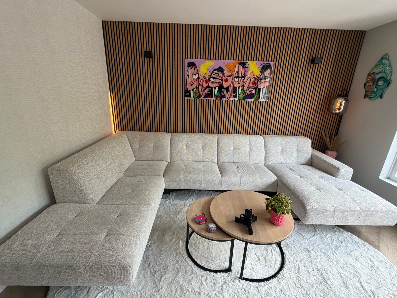 Montel U-bank beige gemêleerd, zgan, 230x350x165 cm, Ophalen, Hoekbank, 300 cm of meer, Zo goed als nieuw