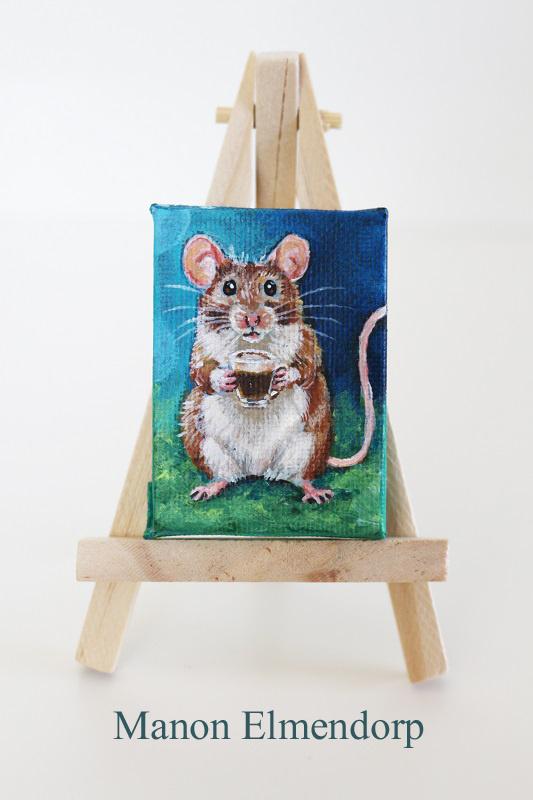 Handgeschilderd Schilderijtje Muisje met Kopje Koffie 6x4 cm, Ophalen of Verzenden