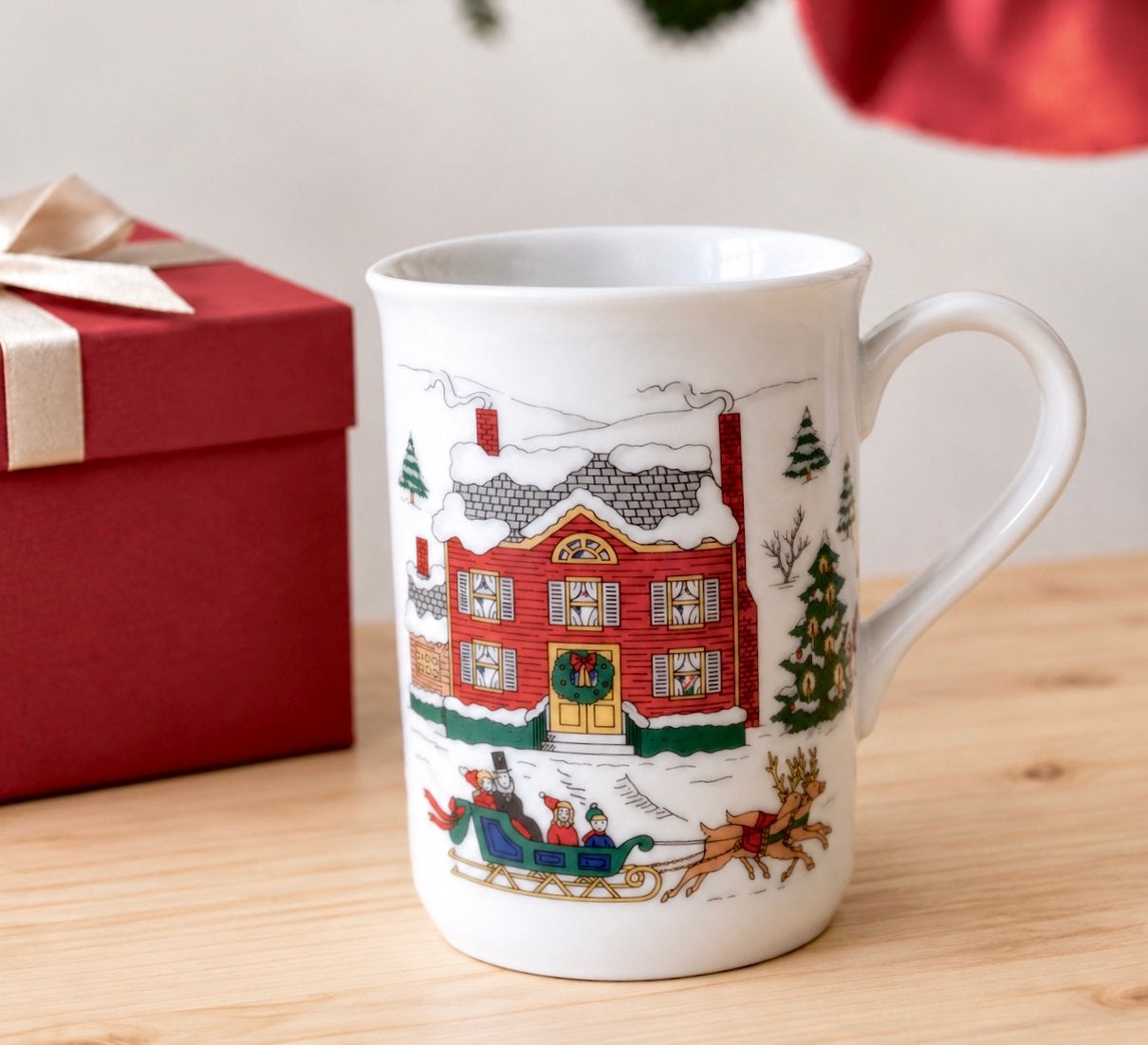 Vintage Kerstmok Mok in de stijl van Christmas Village ‘80s, Overige merken, Vintage, Zo goed als nieuw, Porselein