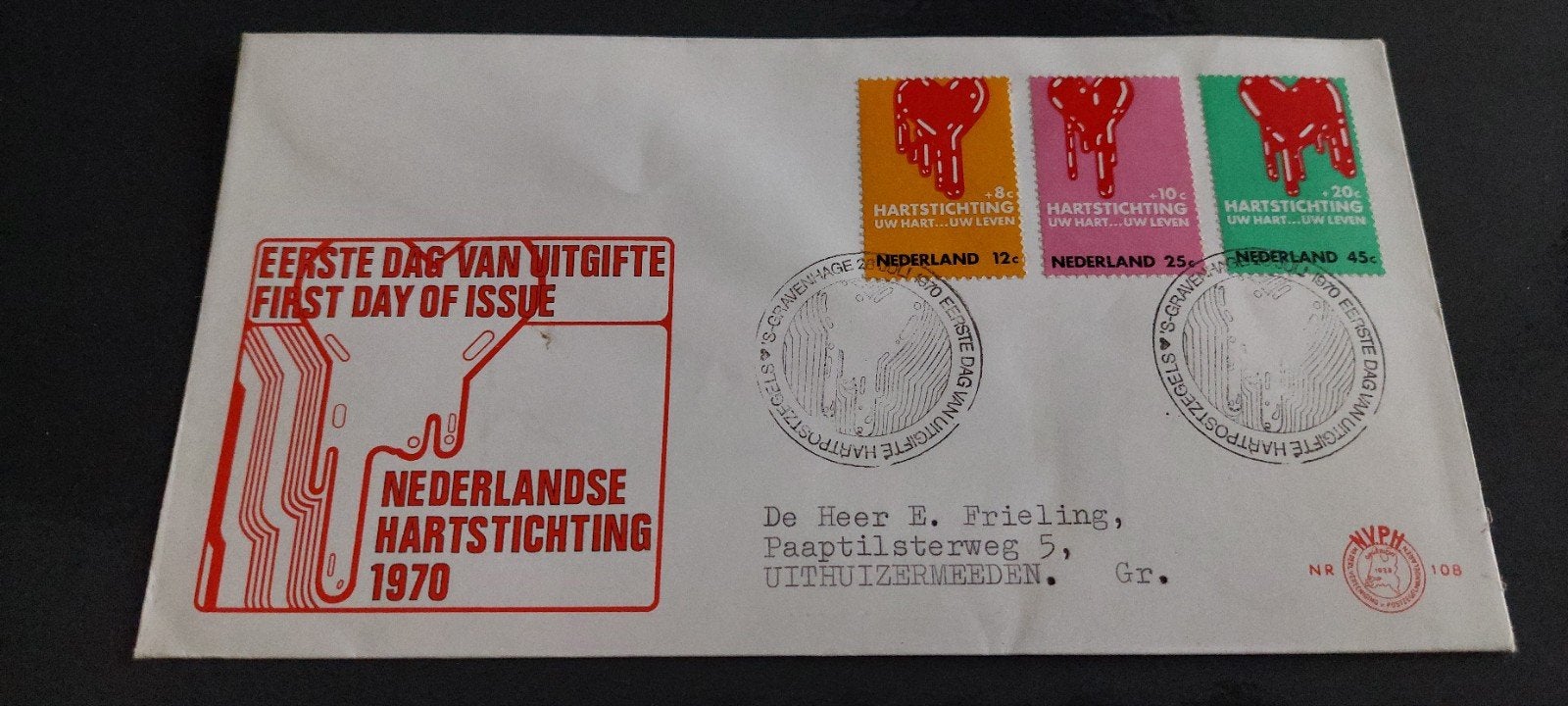 eerste dag envelop nederland e108 hartstichting 1970, Ophalen, Beschreven, Nederland