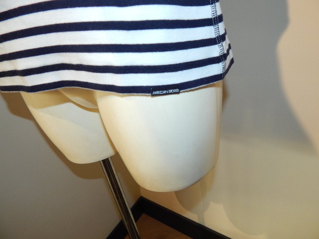 Marccain basis top zwart wit gestreept turquoise accent N6, Maat 42/44 (L), Zo goed als nieuw, Zonder mouw, Marccain
