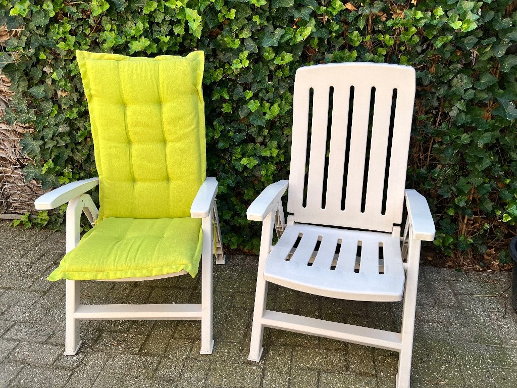 2 Verstelbare tuinstoelen met kussen, Ophalen, Gebruikt, Kunststof, Inklapbaar