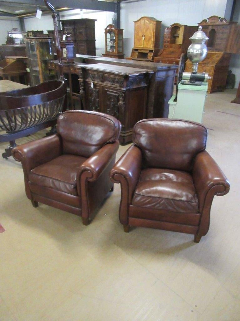 Oer 11676 vintage set van 2 bruine leren fauteuils, Huis en Inrichting, Fauteuils, Ophalen, Gebruikt, 75 tot 100 cm, Leer