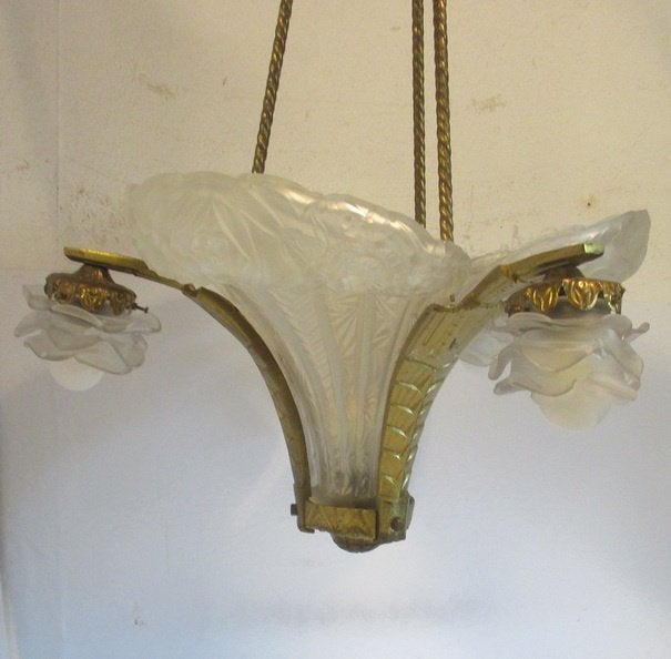 originele bronzen art deco luster grote schelpen schalen, Antiek en Kunst, Ophalen