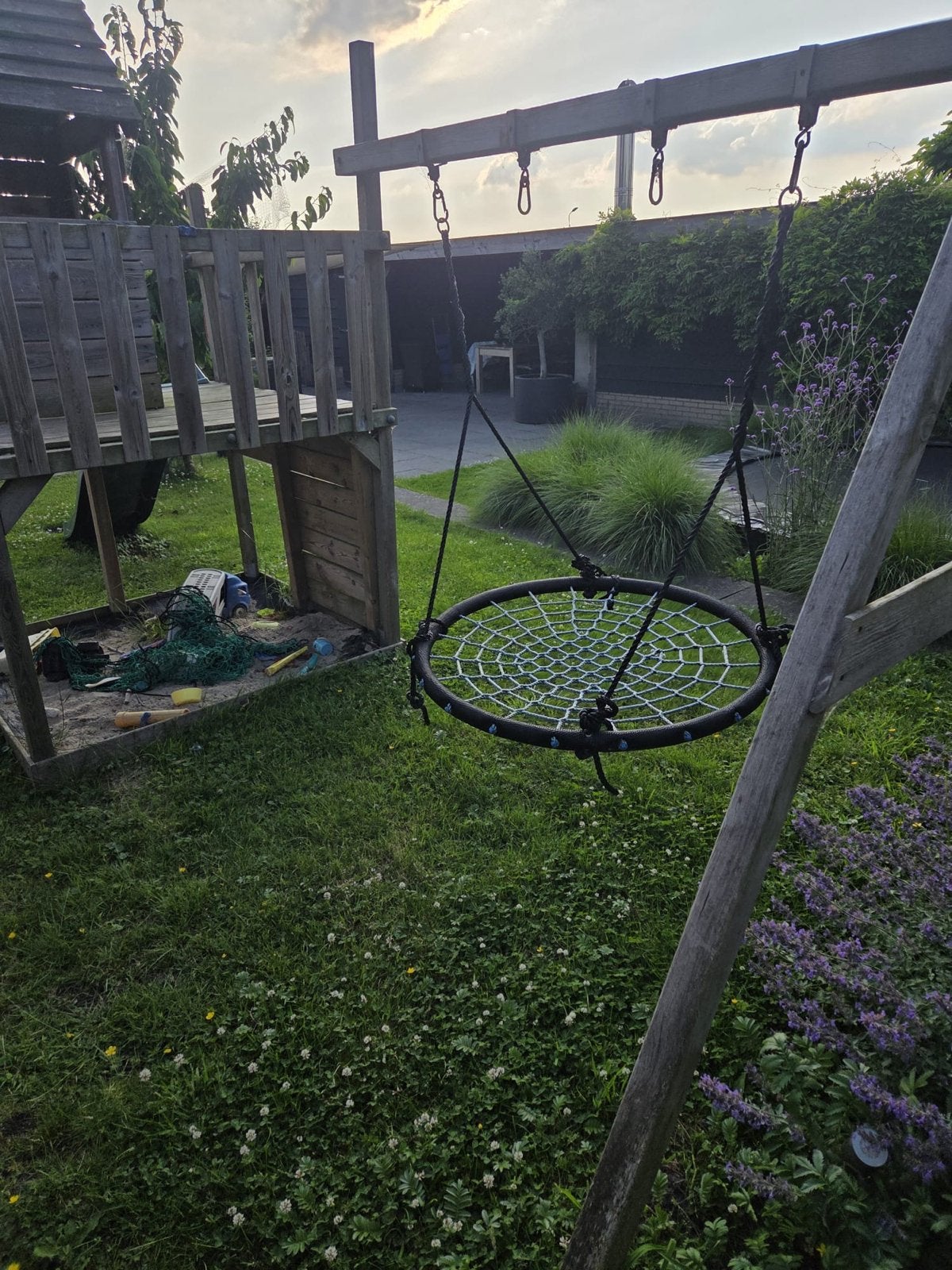 Houten speeltoestel met glijbaan, schommel en zandbak, Ophalen of Verzenden, Gebruikt, Glijbaan