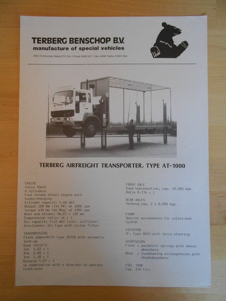 Terberg AT1000 Technische Specificatie folder ca 1988, Ophalen of Verzenden, Zo goed als nieuw, Overige merken, Terberg