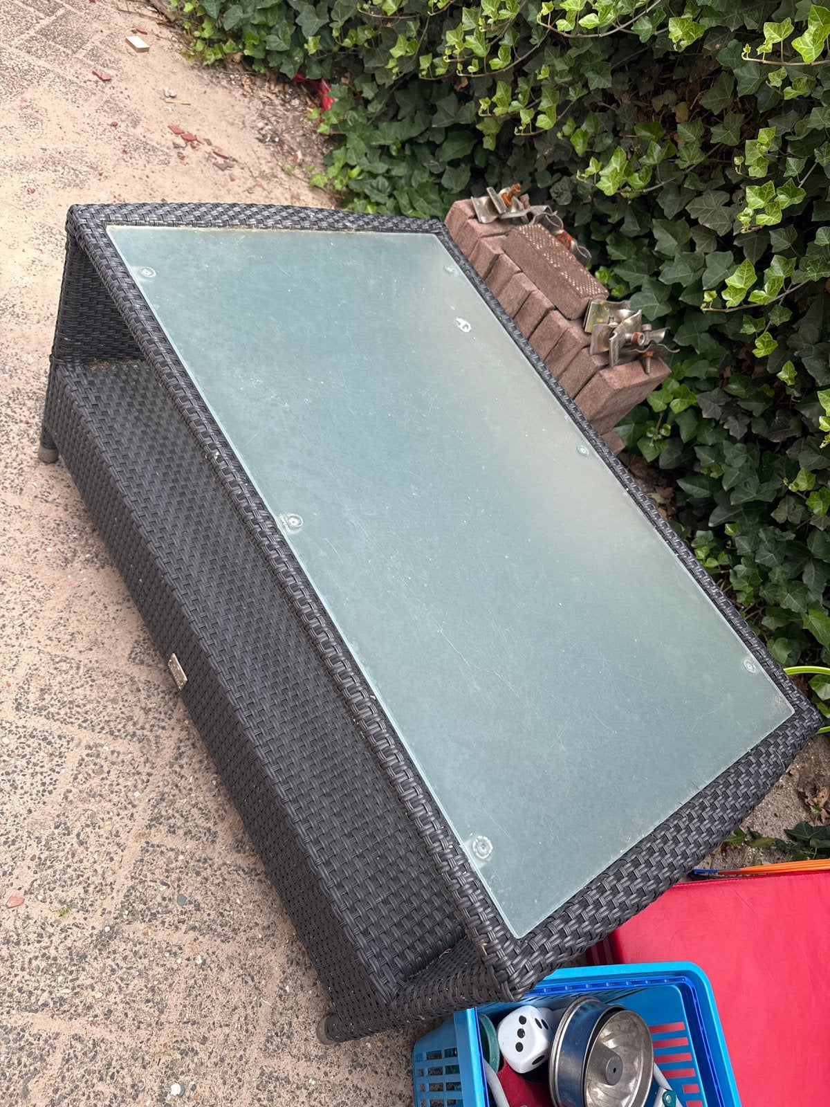 Tuin Salon Tafel - Wicker met Glazen Blad, Tuin en Terras, Ophalen, Gebruikt, Rechthoekig, Wicker