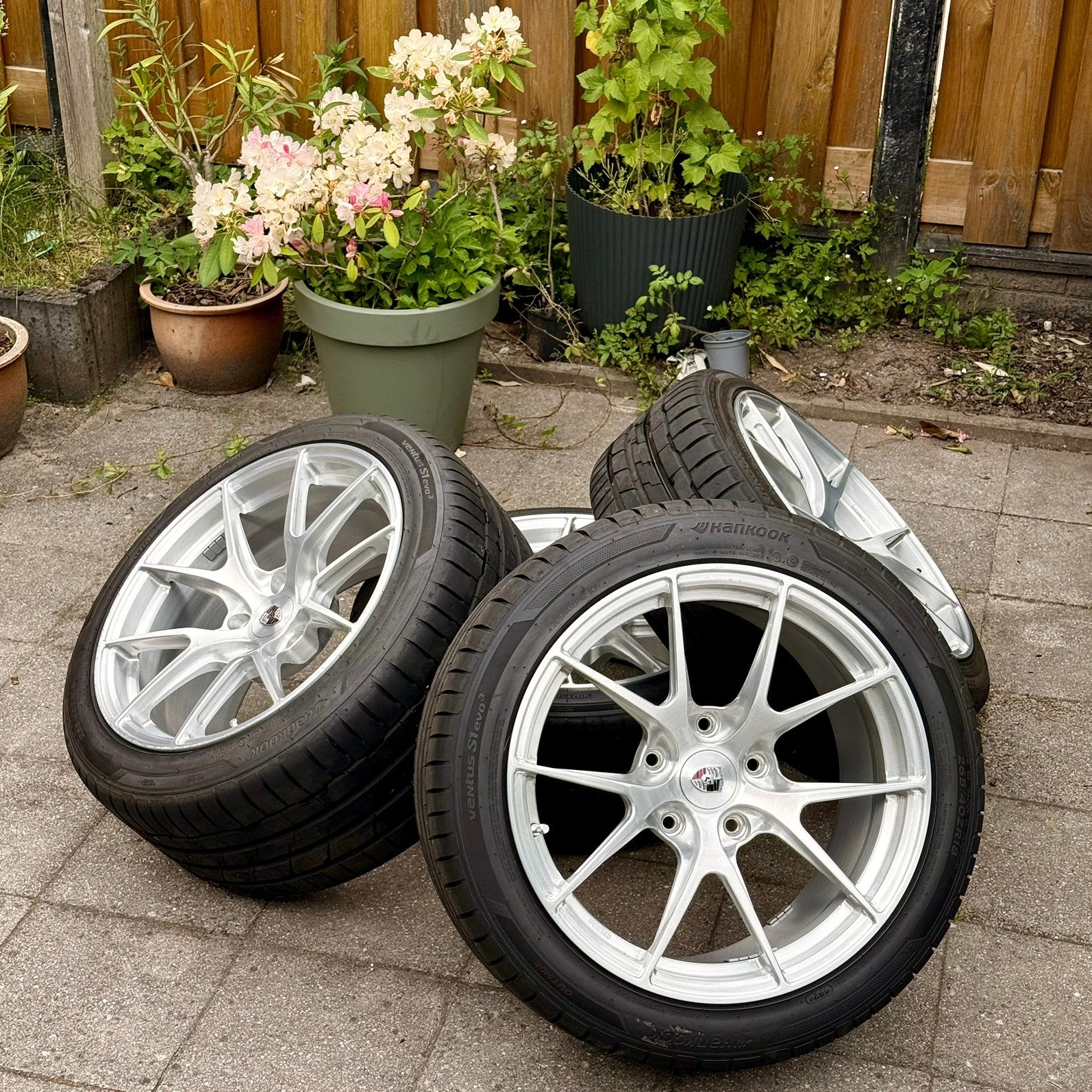 18” Forged velgenset Porsche Cayman/911 –Apex stijl+Hankook, Auto-onderdelen, Banden en Velgen, Ophalen, 18 inch, Gebruikt, 265 mm