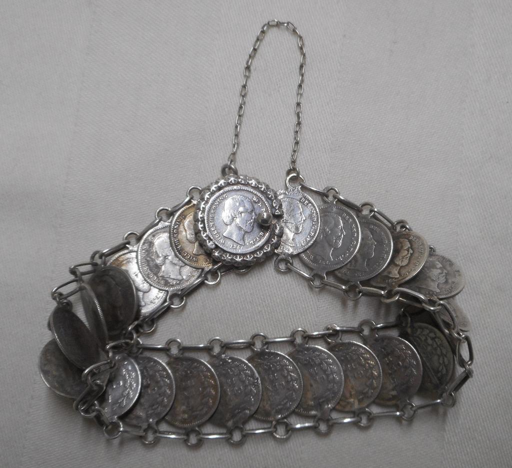 Zilveren antieke munten armband koning willem III nr.1462, Verzenden, Zilver, Armband