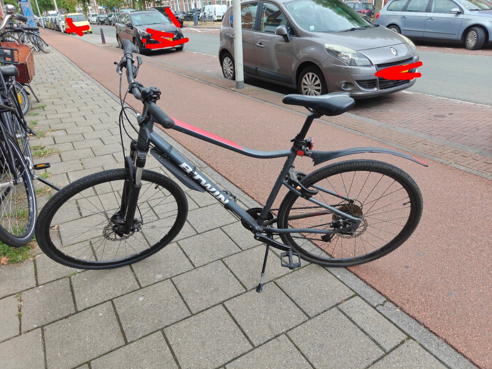 Btwin Riverside fiets met schijfremmen rood zwart grijs, Gebruikt, Schijfrem, 53 tot 57 cm, Ophalen