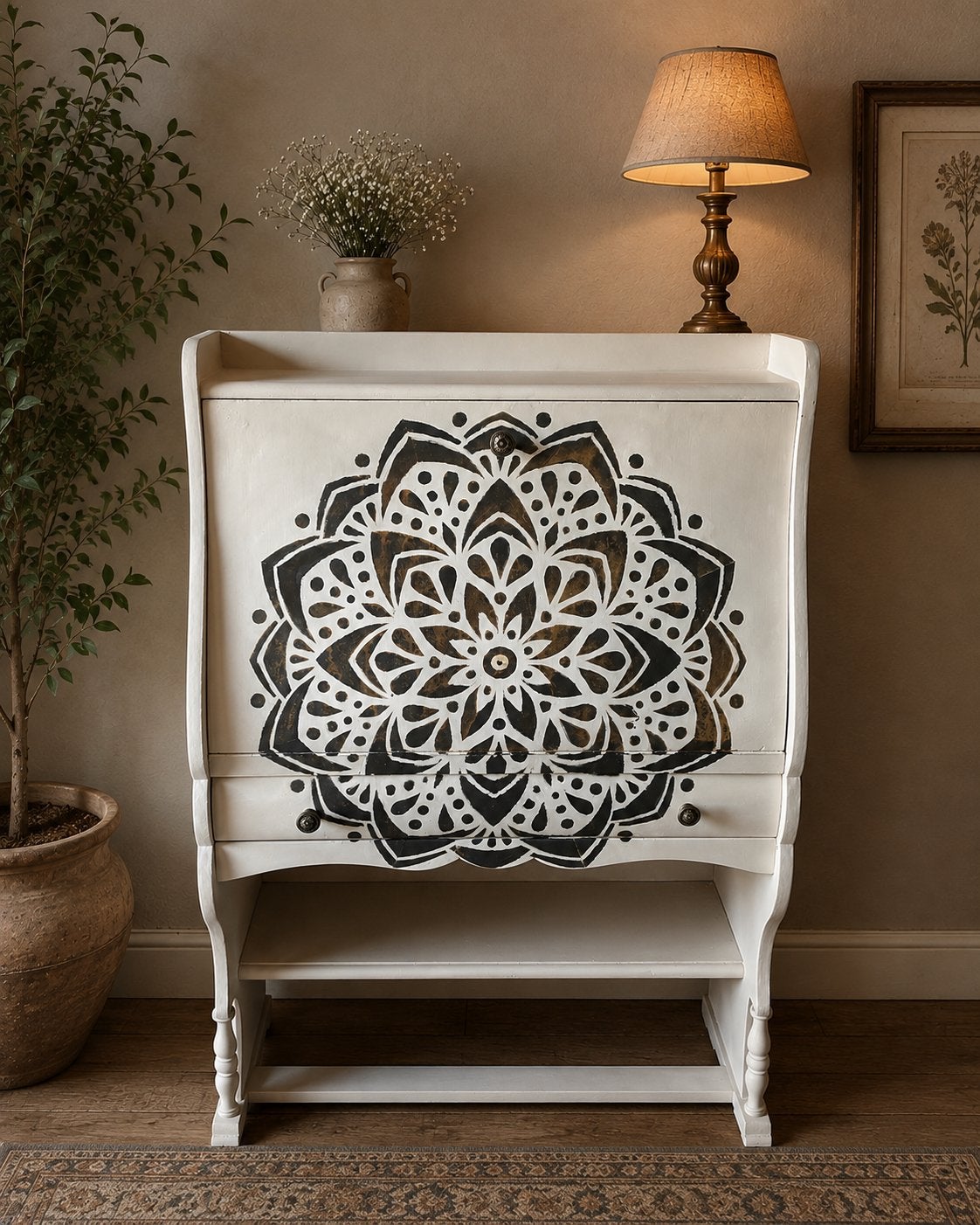 Titel: Unieke Secretaire met ROEST Mandala - Upcycled Boho, Ophalen, Gebruikt, Boho