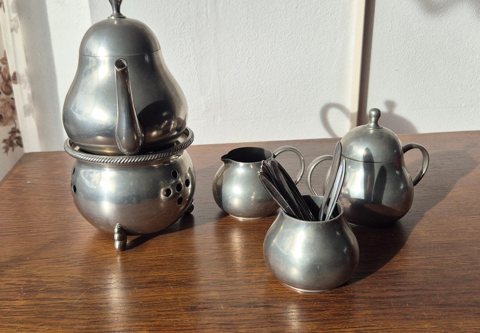 Antieke tinnen theeset met theepot, melkkan en suikerpot, Antiek en Kunst, Ophalen