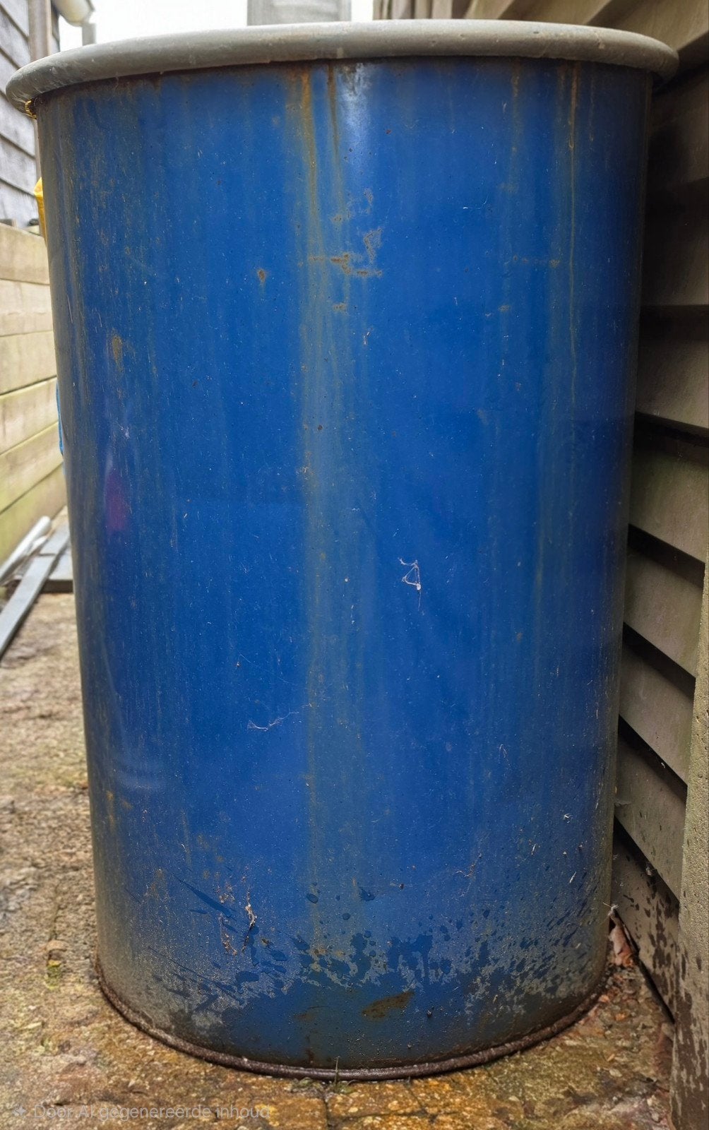 Oude blauwe metalen ton / vat, Ophalen