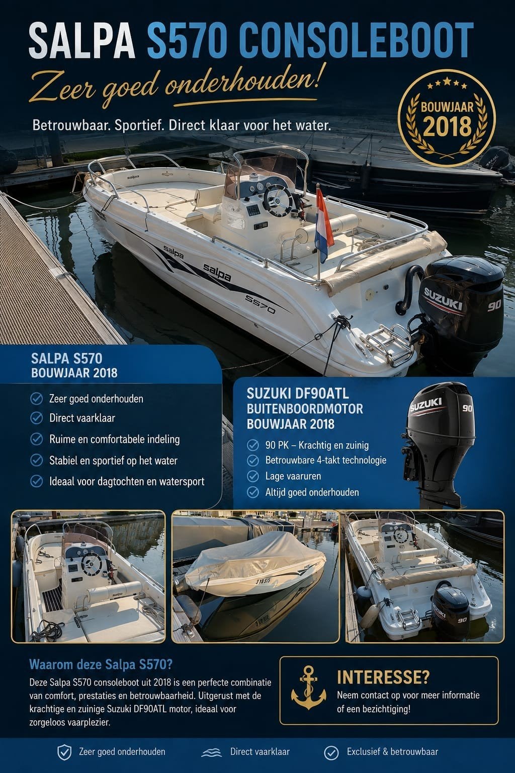 Console Salpa 570 van 2018, Watersport en Boten, Vis- en Consoleboten, 70 pk of meer, Overige merken, Ophalen of Verzenden, Viertaktmotor