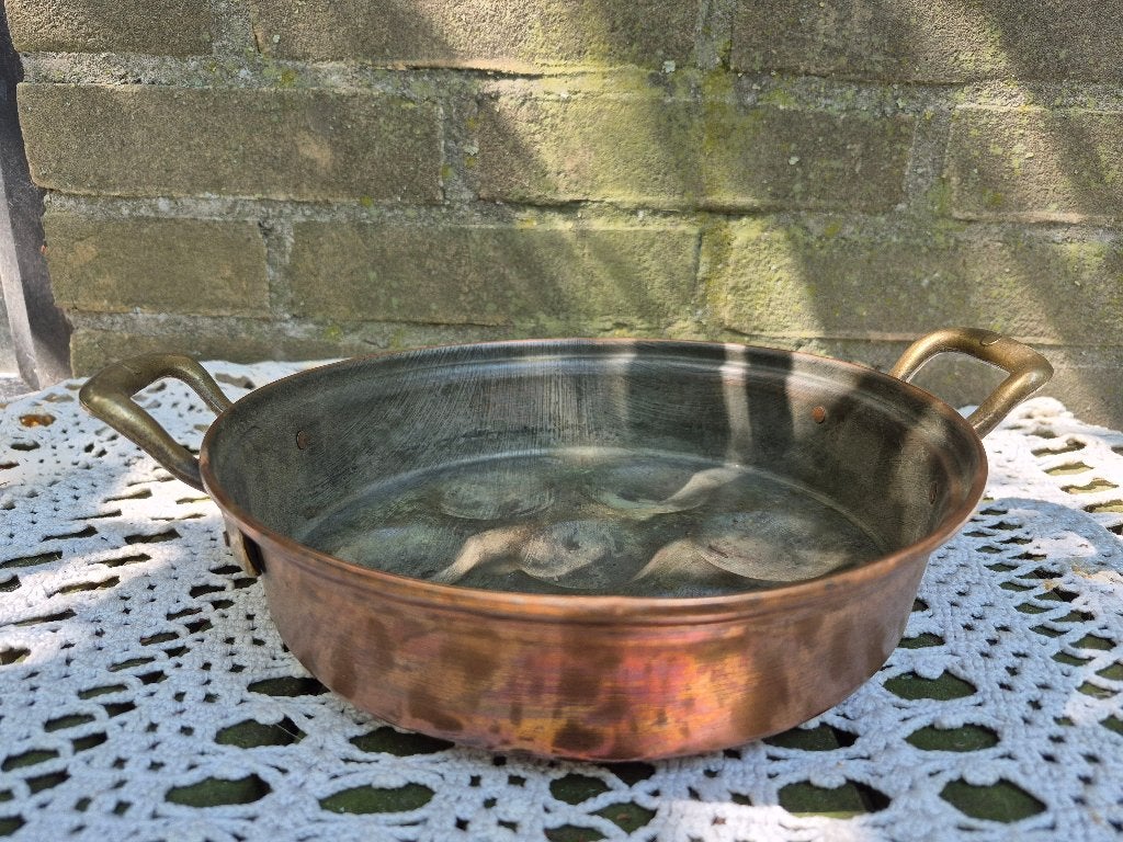 koperen escargotpan met bronzen handvatten, Ophalen of Verzenden