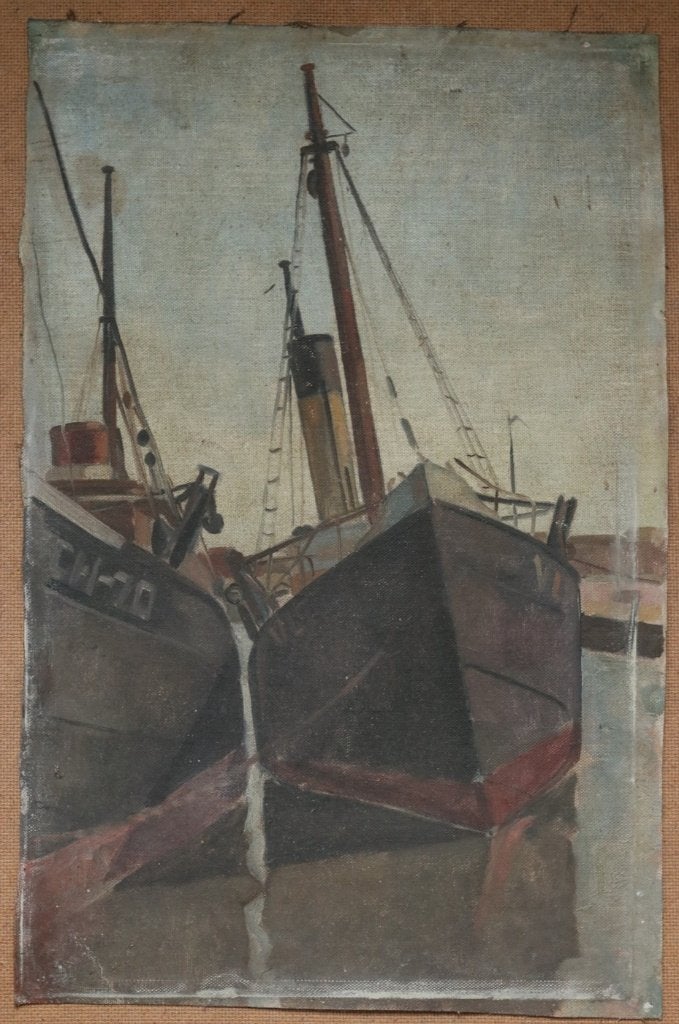 Vissersschepen op de scheepshelling - olieverf op doek, Ophalen, Maritiem / water, Doek, Realistisch