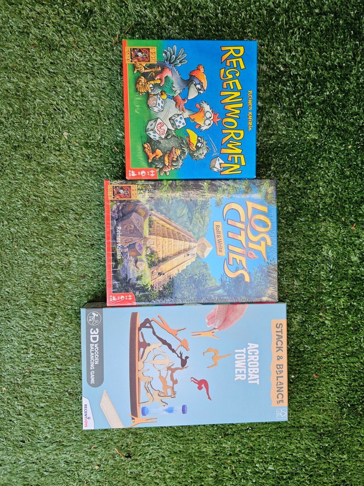 3 bordspellen: Acrobat Tower, Lost Cities, Regenwormen, Ophalen of Verzenden, Zo goed als nieuw, 999 Games