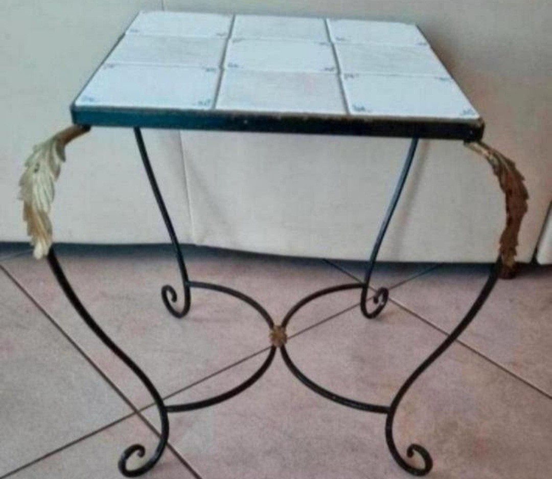 Retro gietijzeren tafeltje mozaïek blad creme witte tegeltje, Minder dan 45 cm, Minder dan 55 cm, Gebruikt, Ophalen of Verzenden