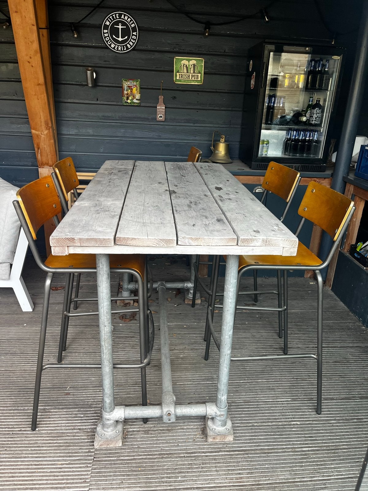 bartafel /tuintafel van steigerhout en metaal (150x80x102), Gebruikt, 100 tot 150 cm, Vier personen, Rechthoekig