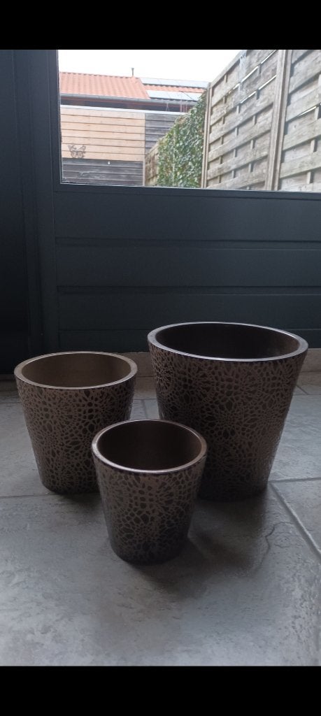Set 3 keramieken binnen  bloempotten model riga, Rond, Binnen, Ophalen of Verzenden, Zo goed als nieuw