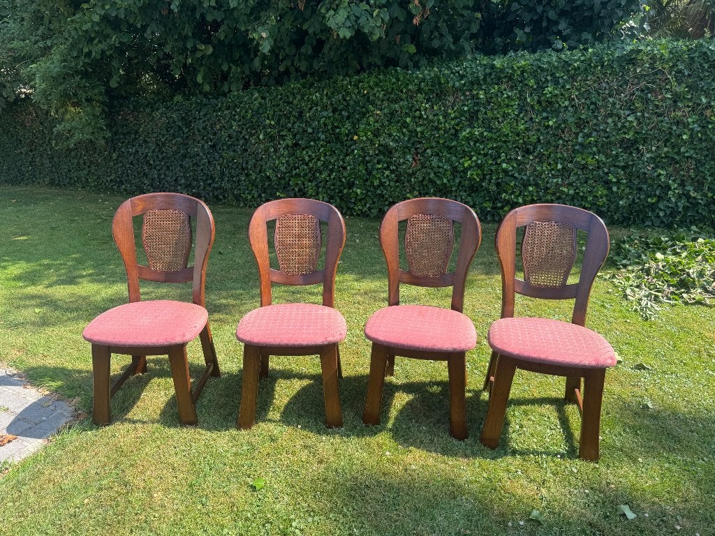 Set van 4 vintage houten stoelen met rotan leuning, Huis en Inrichting, Stoelen, Ophalen, Gebruikt, Bruin, Vier