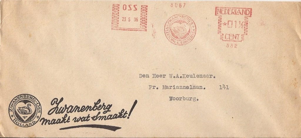 OSS 1936 ZWANENBERG vleeswaren en conserven, Verzamelen, Ophalen of Verzenden, 1920 tot 1940, Gelopen, Noord-Brabant