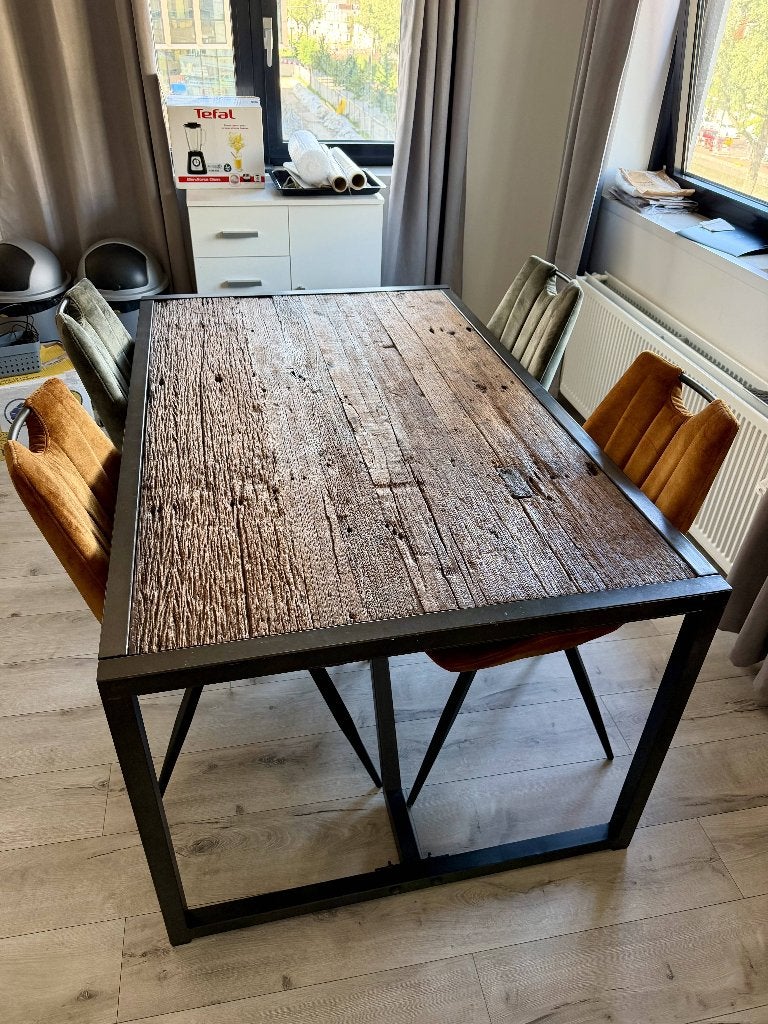 Eettafel met houten blad en metalen frame (dining table), Huis en Inrichting, Gebruikt, 50 tot 100 cm, 150 tot 200 cm, Industrieel, Robuust