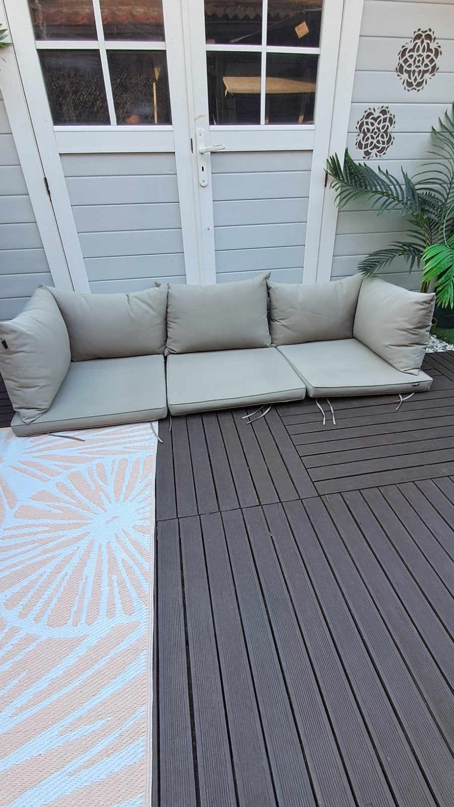 3 sets Loungeset kussens - grijs en beige, Ophalen, Gebruikt, Textileen, 3 zitplaatsen