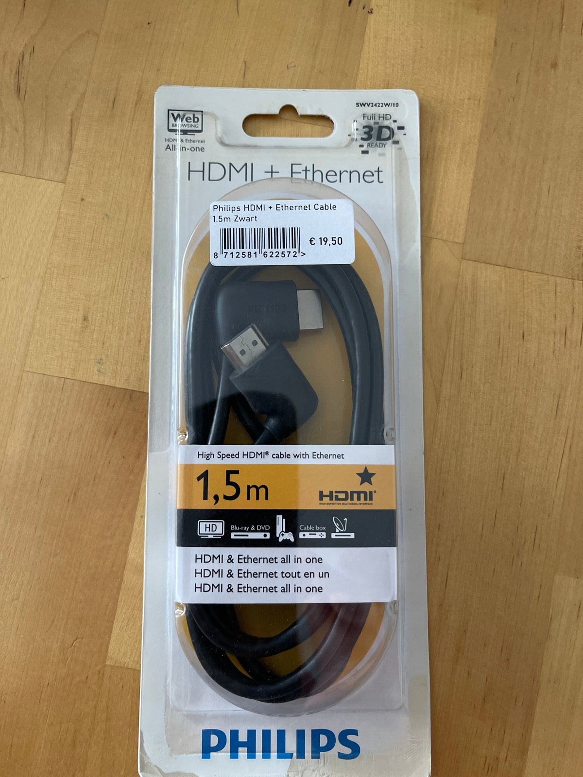 Philips HDMI + Ethernet kabel - 1.5m Zwart, Ophalen of Verzenden, Nieuw, Minder dan 2 meter, HDMI-kabel