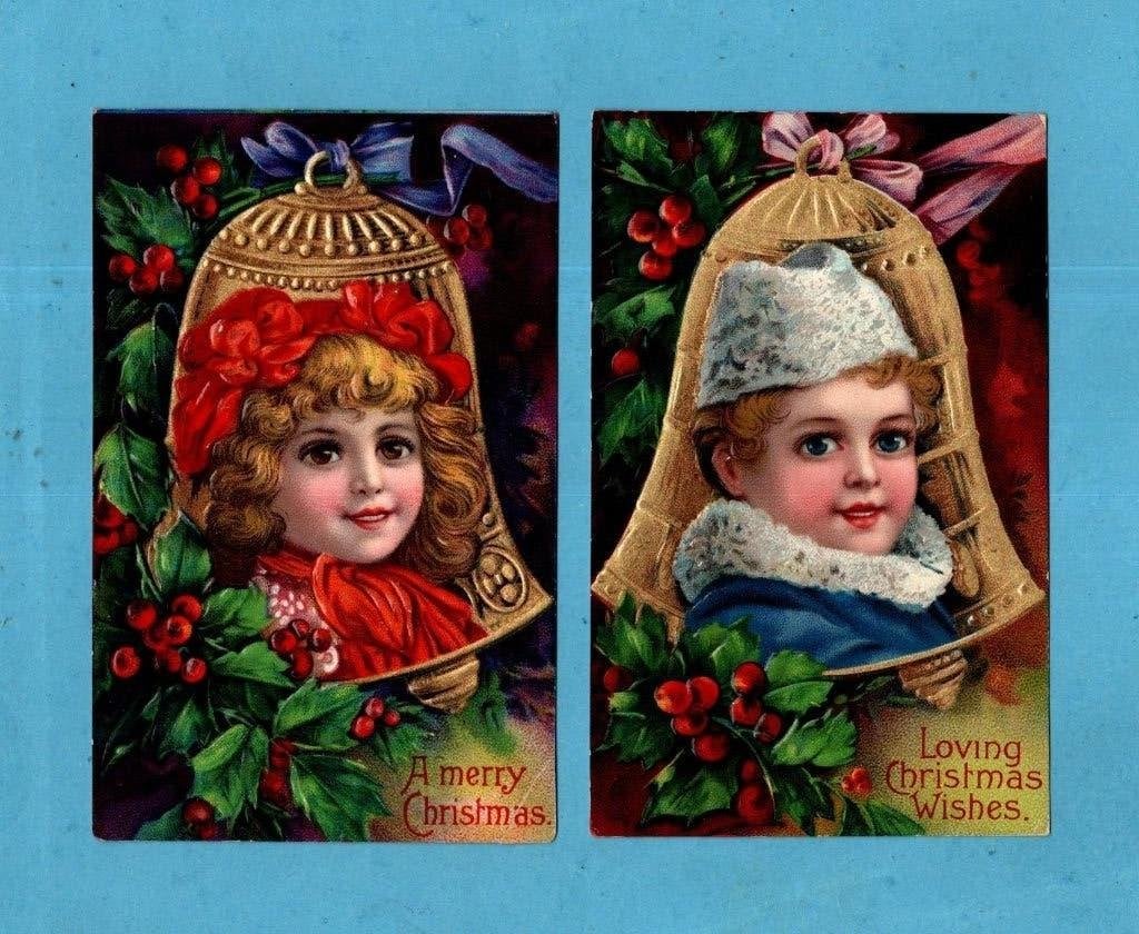 2x Sublieme  kerstkaarten/reliéf W111 - kinderen/kertsbel, Verzamelen, Verzenden, Voor 1920, Gelopen, Kinderen