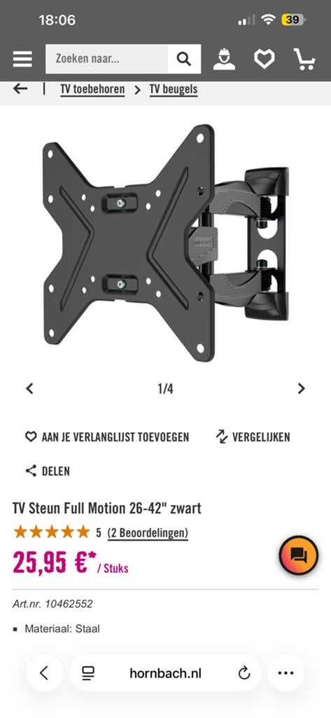 TV Steun Full Motion 26-42” zwart, Audio, Tv en Foto, Televisiebeugels, Ophalen of Verzenden, Nieuw