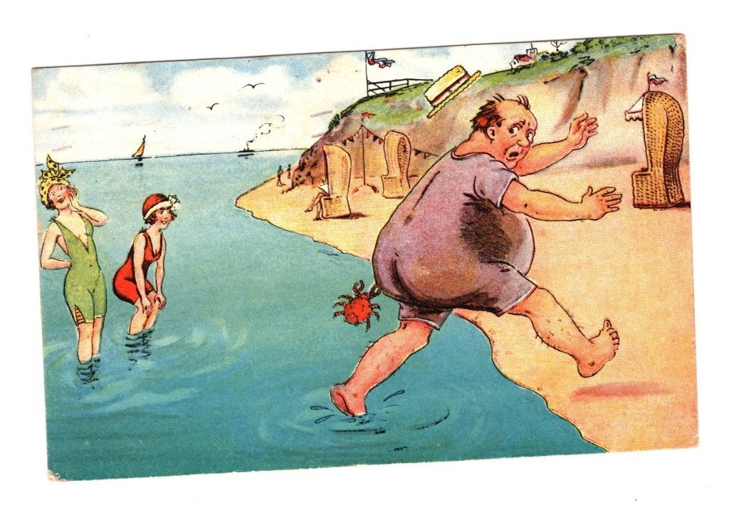 Antieke Ansichtkaart Dikke Man en Krab Strand, Ophalen of Verzenden, 1920 tot 1940, Gelopen, Overige thema's