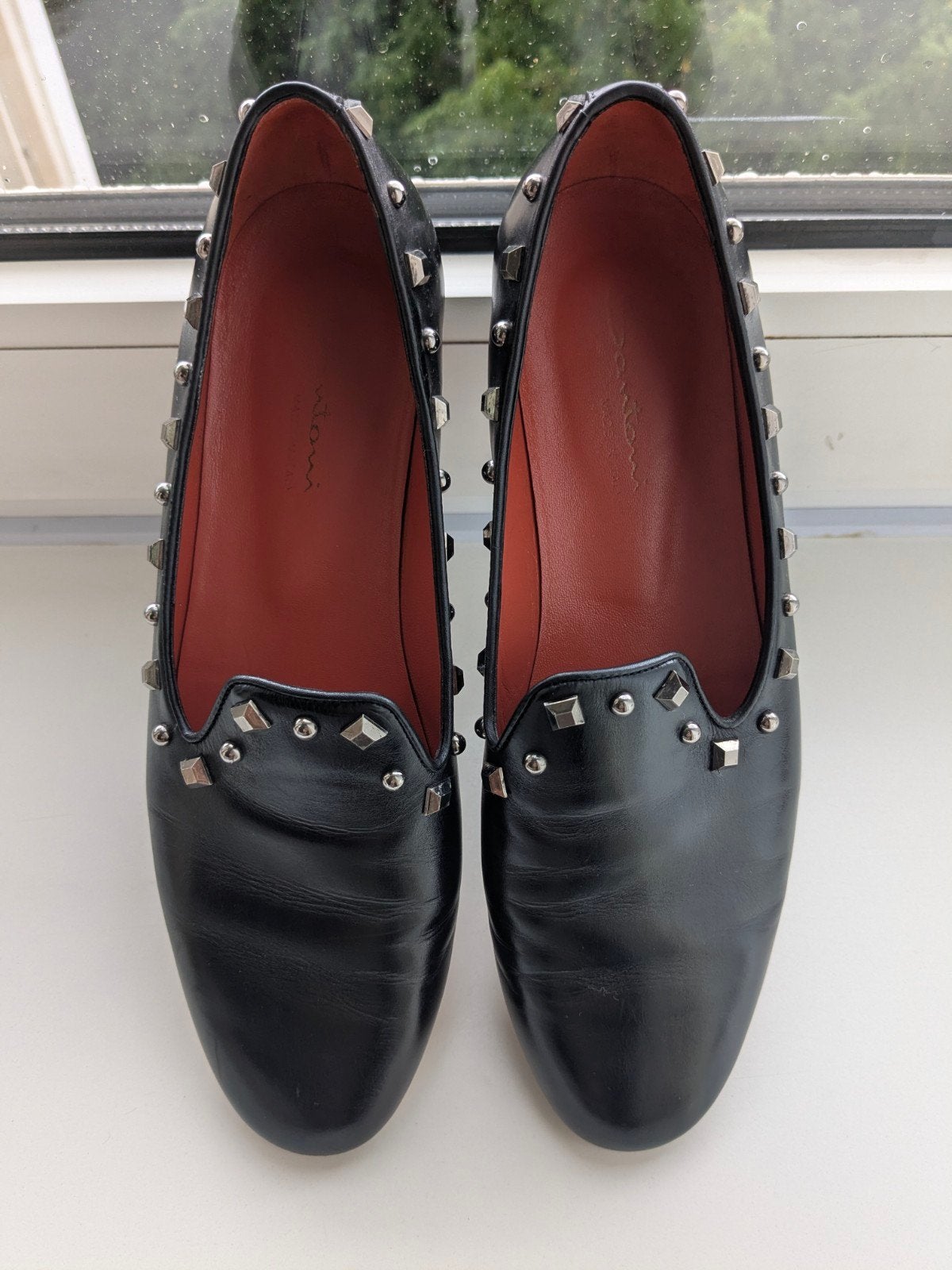Santoni Instappers Zwart Leer met Studs Maat 38, Ophalen of Verzenden, Zo goed als nieuw, Santoni, Instappers