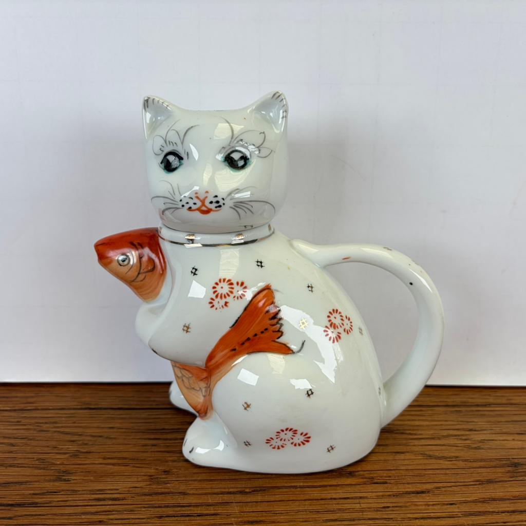 Vintage theepot kat met vis, Ophalen of Verzenden