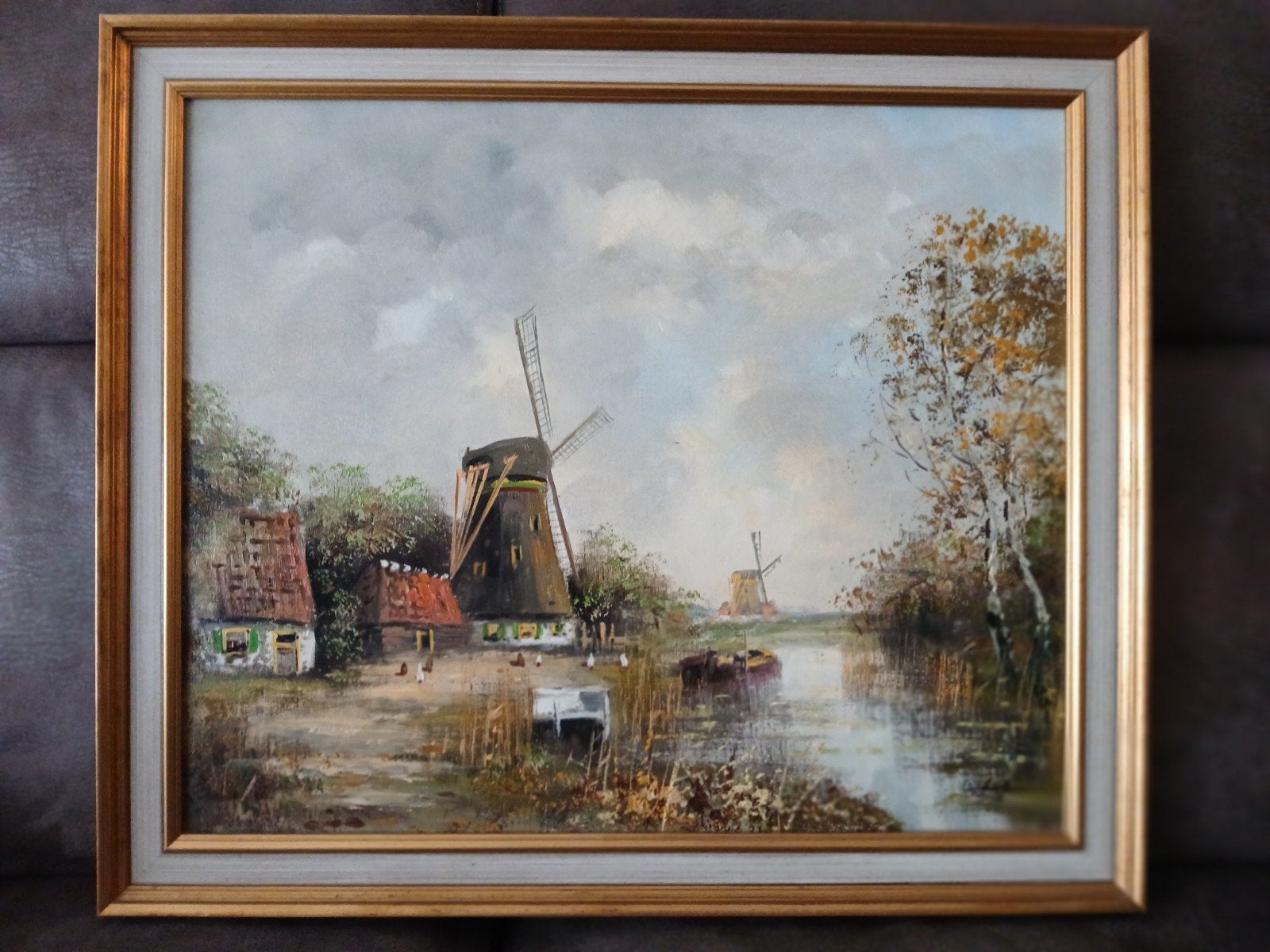 Olieverfschilderij Hollandse molens aan het water, Ophalen of Verzenden