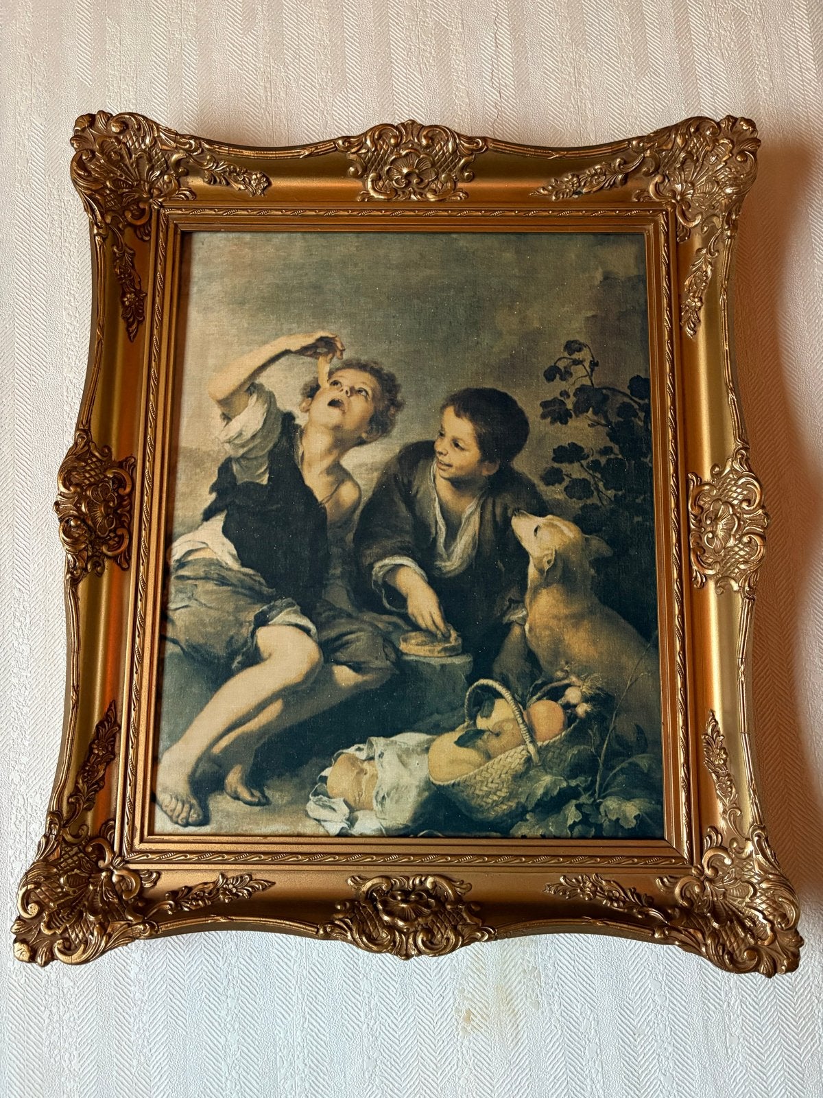 Klassiek schilderij: Jongens met hond en fruit, Doek, Portret of Personen, Ophalen of Verzenden, Olieverf