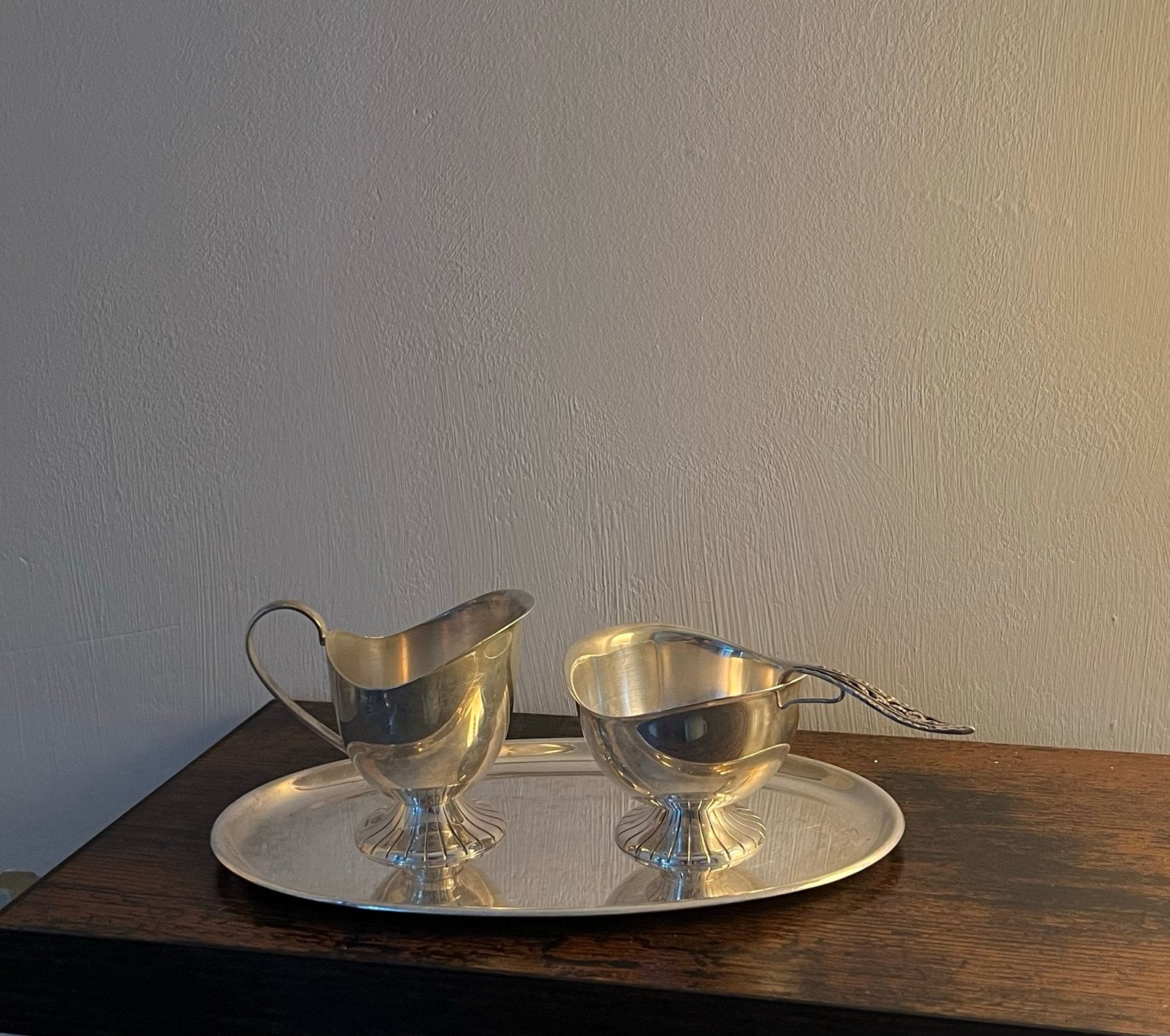 Oud verzilverd suiker- en melksetje met lepel, Ophalen, Zilver