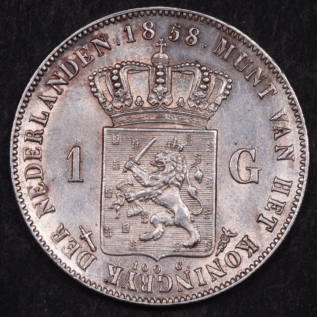 Gulden 1858. Pr/ Unc. (P), 1 gulden, Koning Willem III, Zilver, Ophalen of Verzenden