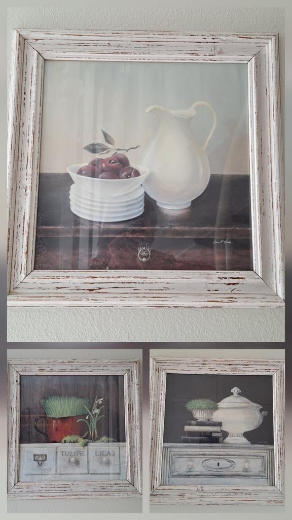 Set van 3 landelijke schilderijen met brocante lijst 58x58, Ophalen