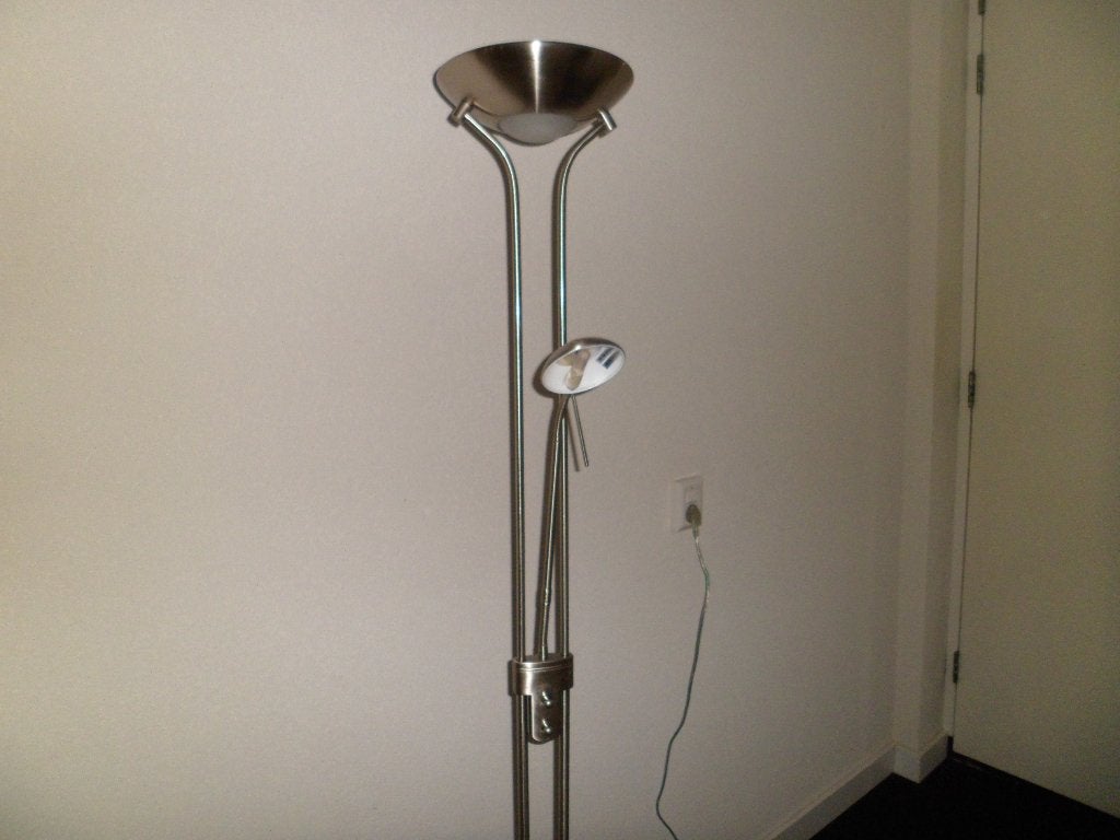 RVS vloerlamp met leeslamp, Ophalen, Overige fittingen, Zo goed als nieuw, Glas