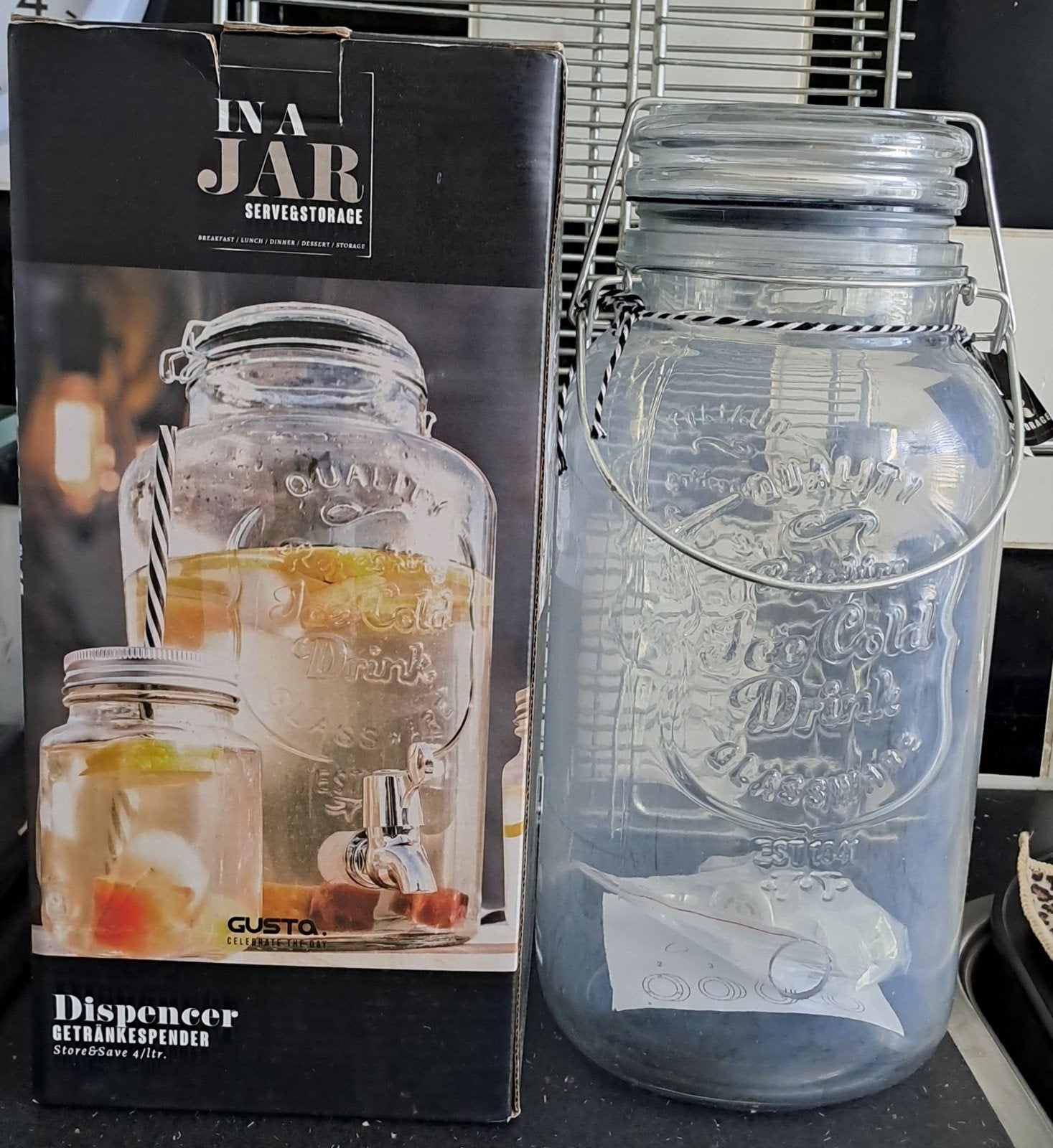 Grote glazen drankdispenser / kan met tapkraan - 4 liter, Ophalen of Verzenden, Nieuw, Glas, Gusta